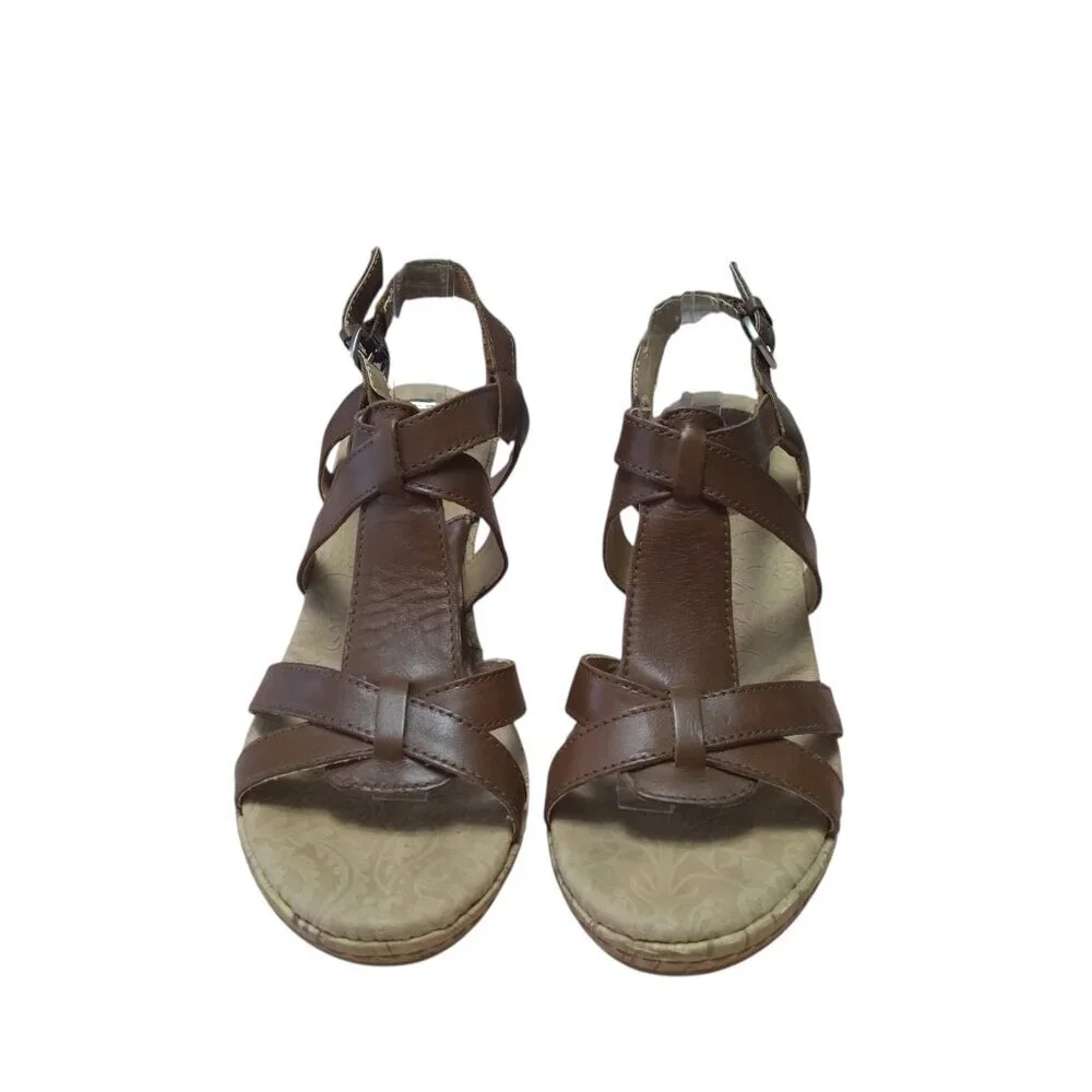 B.O.C. Women's Size 9 Wedge Cork Heel Brown Leather Strappy Sandals Boho Classic